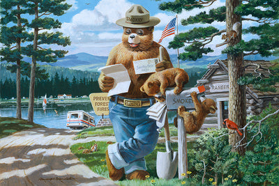 Smokey Bear Reading Mail at Mailbox